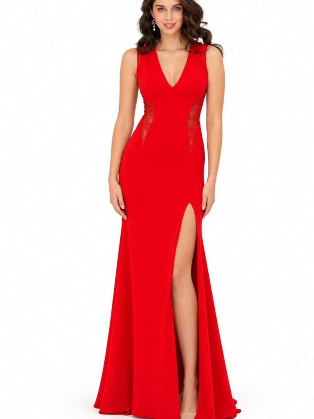 NWT Jovani Sexy Red Stretch Jersey Dress w/ lace back, w/ a Slit, size 4